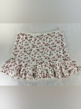 Forever 21 White Mini Skirt with Pink Floral Ruffle Hem Medium